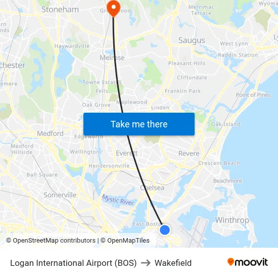 Logan International Airport (BOS) to Wakefield map
