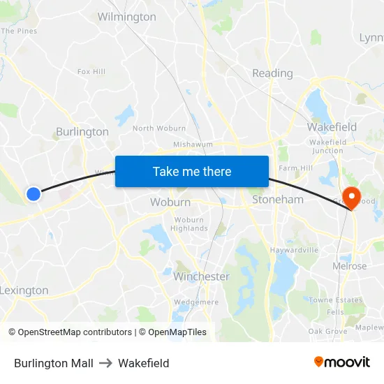 Burlington Mall to Wakefield map