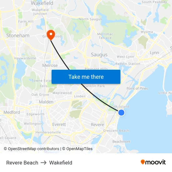 Revere Beach to Wakefield map