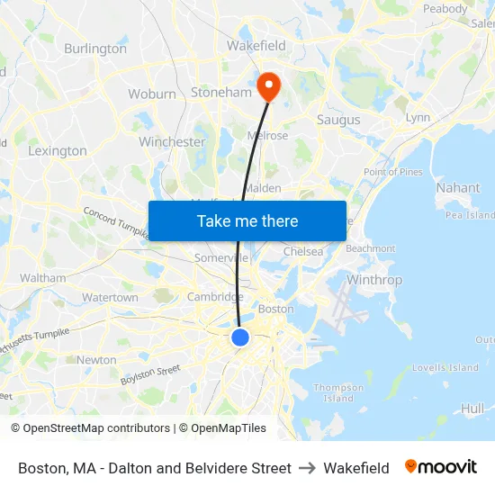 Boston, MA - Dalton and Belvidere Street to Wakefield map