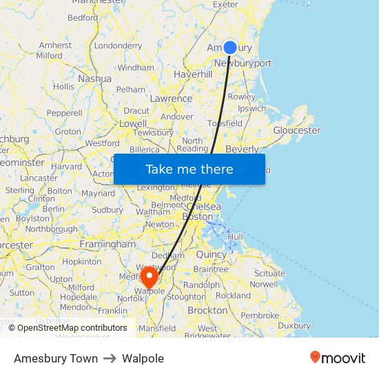 Amesbury Town to Walpole map