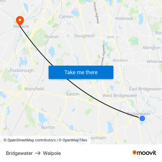 Bridgewater to Walpole map