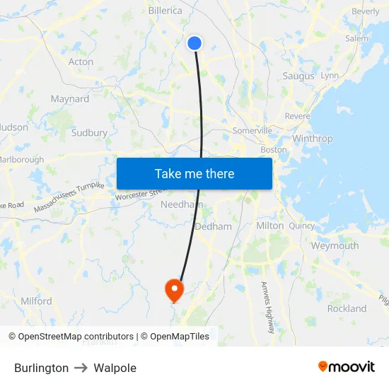 Burlington to Walpole map