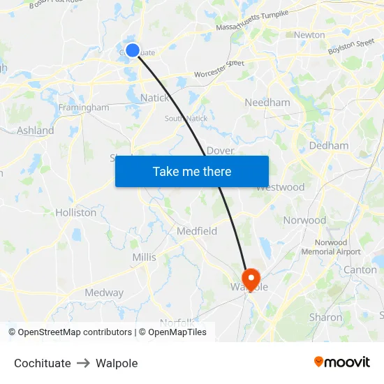 Cochituate to Walpole map
