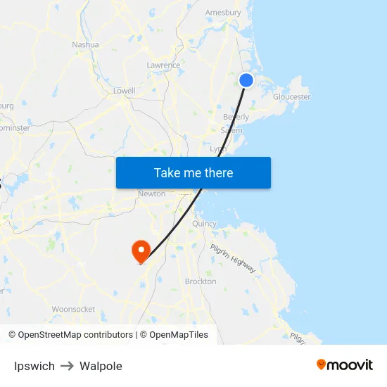 Ipswich to Walpole map