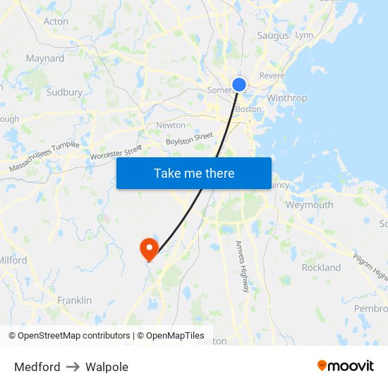 Medford to Walpole map