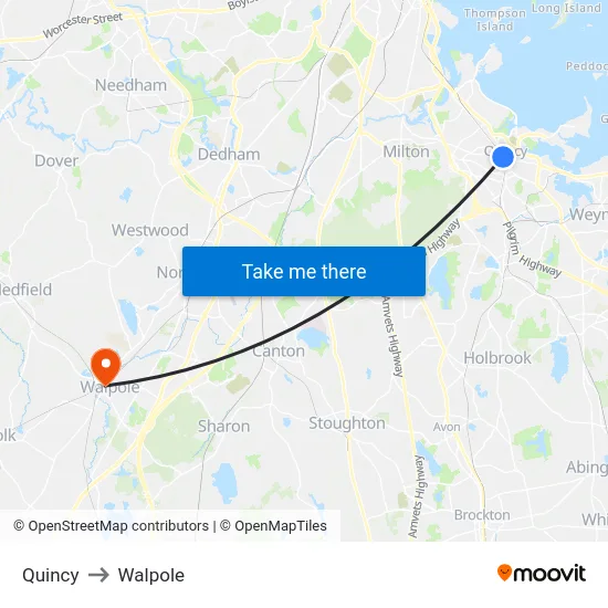 Quincy to Walpole map
