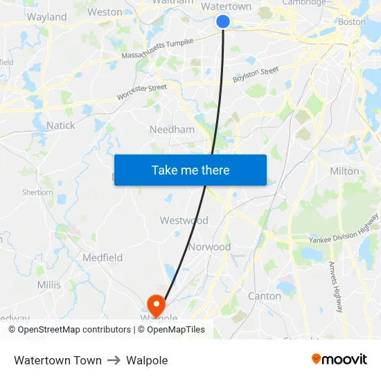 Watertown Town to Walpole map