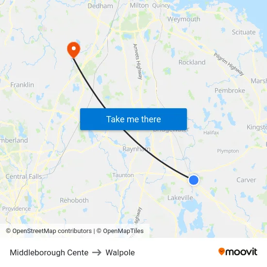 Middleborough Cente to Walpole map