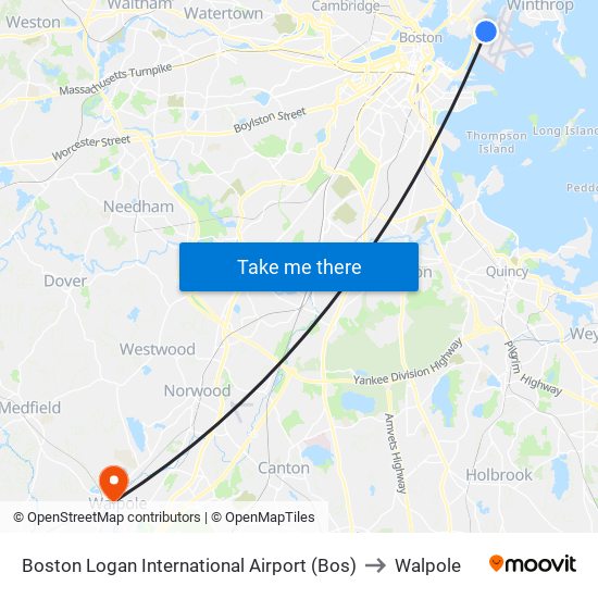 Boston Logan International Airport (Bos) to Walpole map