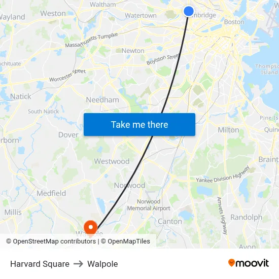 Harvard Square to Walpole map