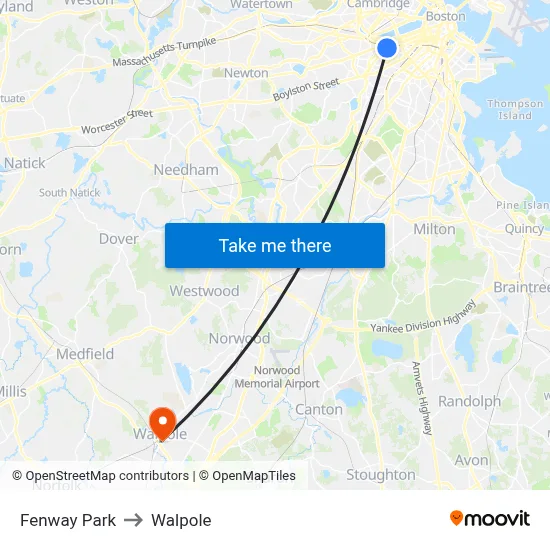 Fenway Park to Walpole map