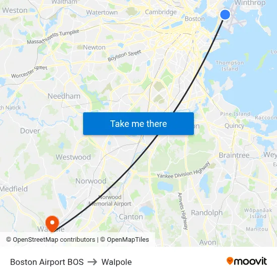 Boston Airport BOS to Walpole map