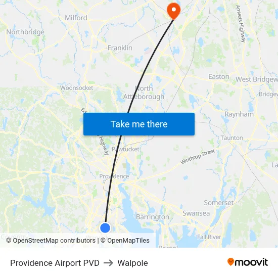 Providence Airport PVD to Walpole map