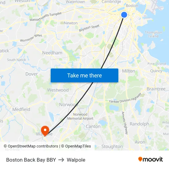 Boston Back Bay BBY to Walpole map