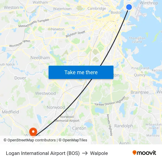 Logan International Airport (BOS) to Walpole map