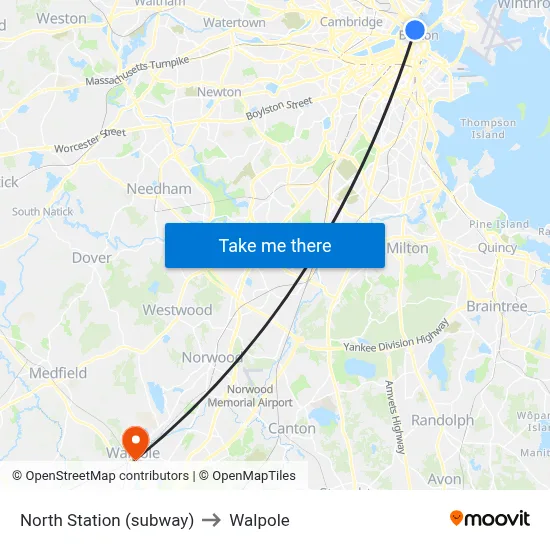 North Station (subway) to Walpole map