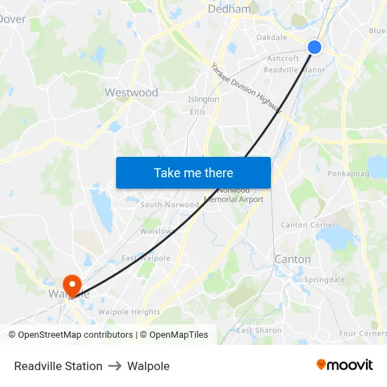 Readville Station to Walpole map