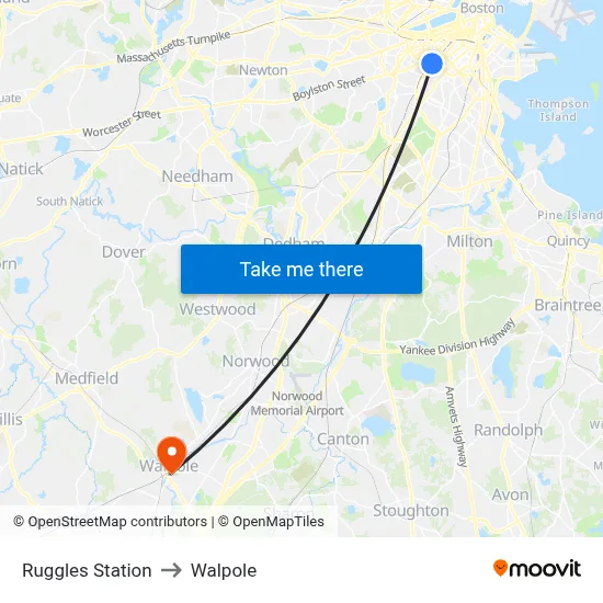 Ruggles Station to Walpole map