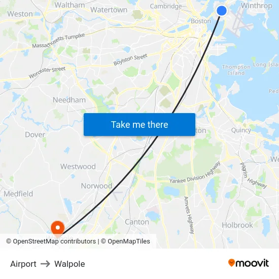 Airport to Walpole map