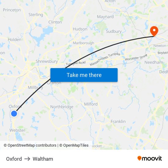 Oxford to Waltham map