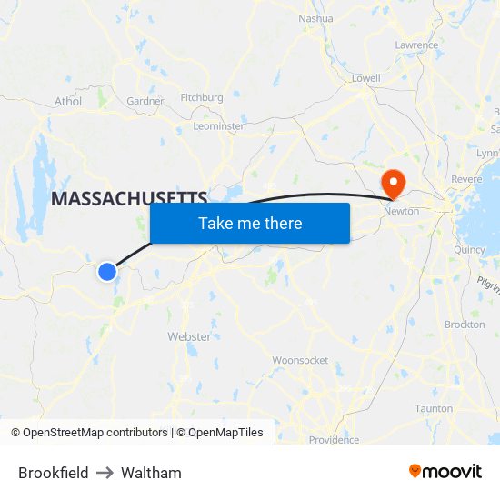 Brookfield to Waltham map