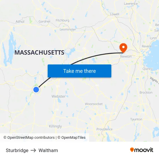 Sturbridge to Waltham map