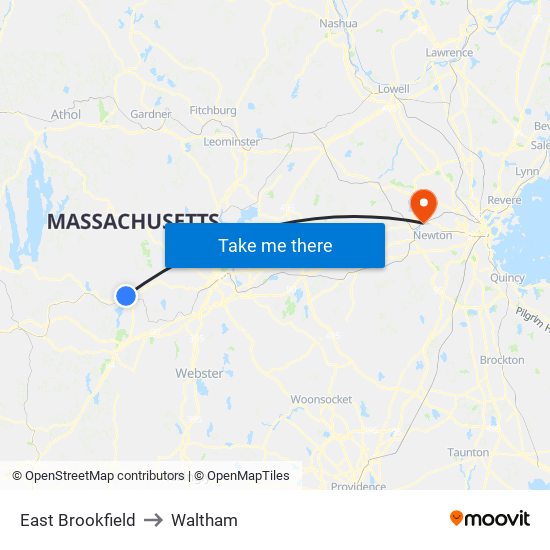 East Brookfield to Waltham map