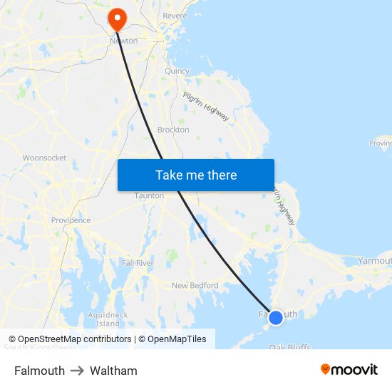 Falmouth to Waltham map