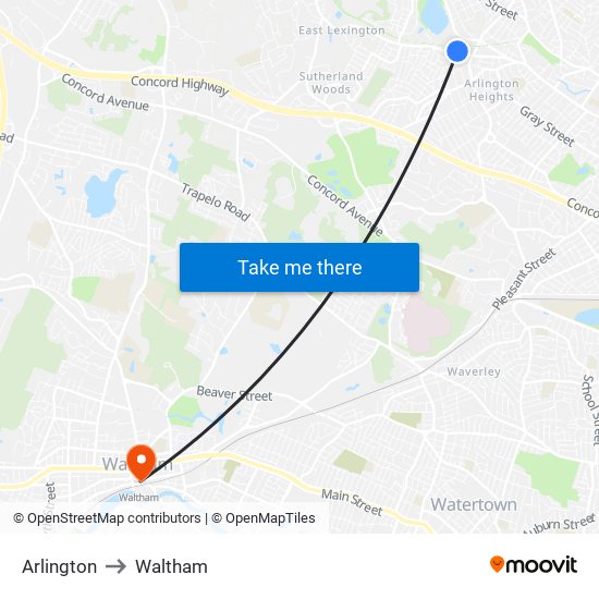 Arlington to Waltham map