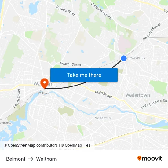 Belmont to Waltham map