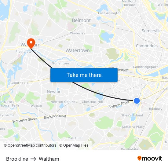 Brookline to Waltham map