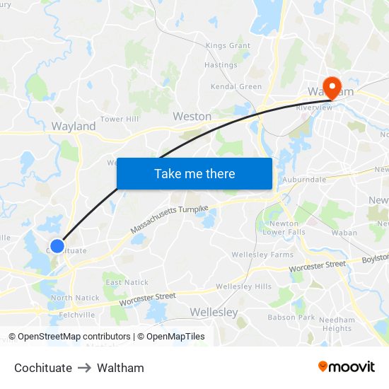 Cochituate to Waltham map