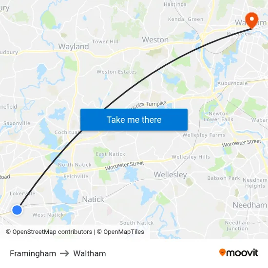 Framingham to Waltham map