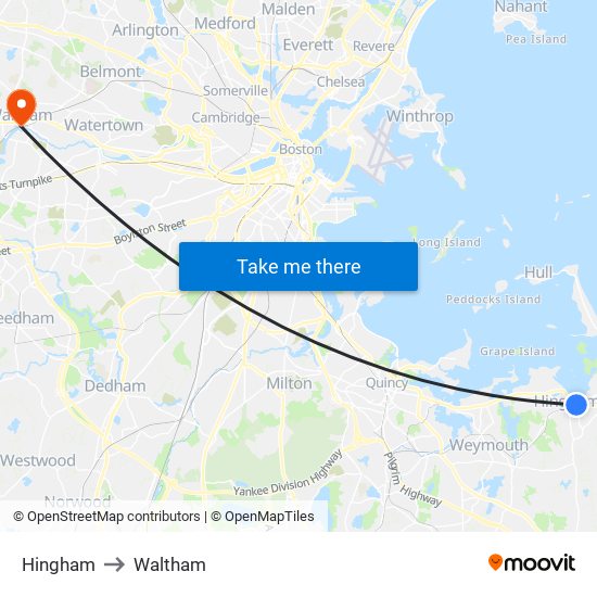 Hingham to Waltham map