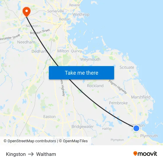 Kingston to Waltham map