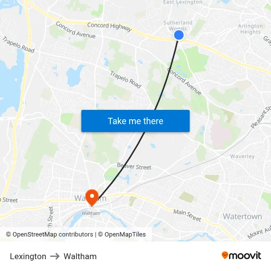 Lexington to Waltham map