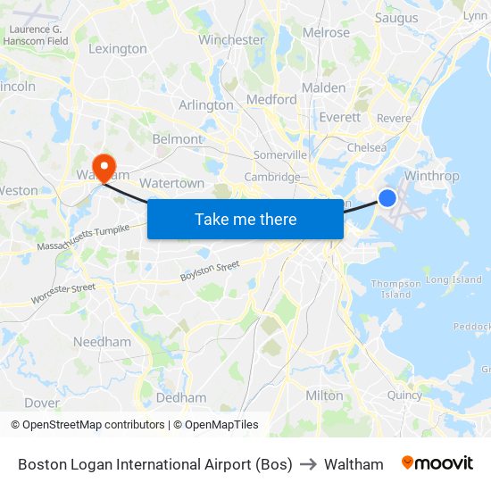 Boston Logan International Airport (Bos) to Waltham map