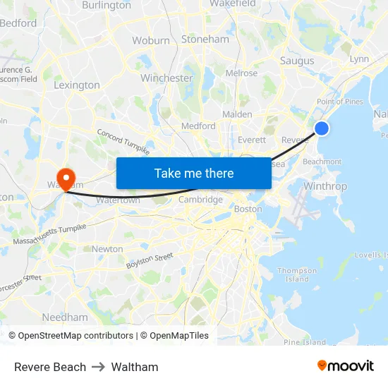 Revere Beach to Waltham map