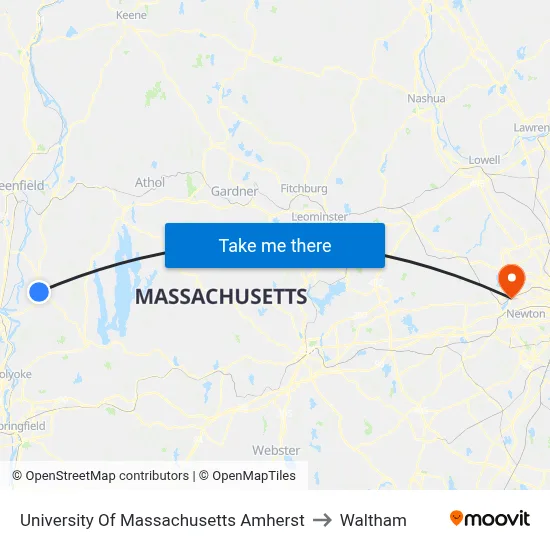 University Of Massachusetts Amherst to Waltham map