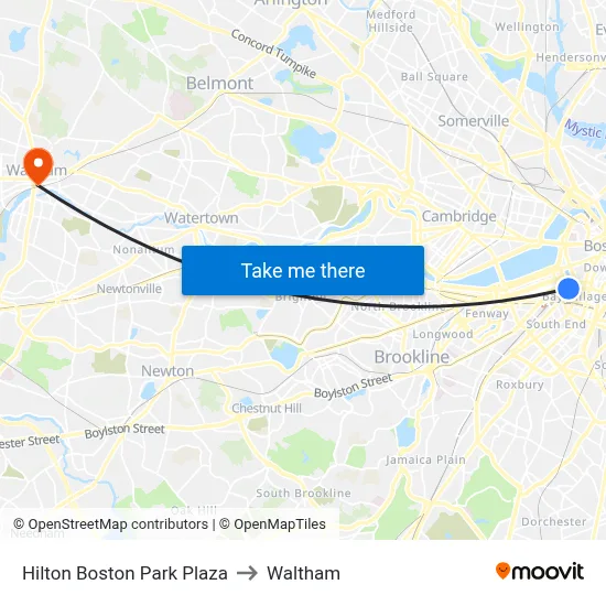 Hilton Boston Park Plaza to Waltham map
