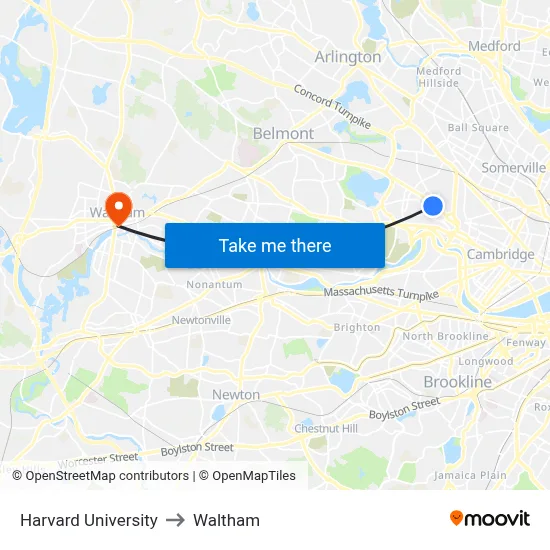 Harvard University to Waltham map
