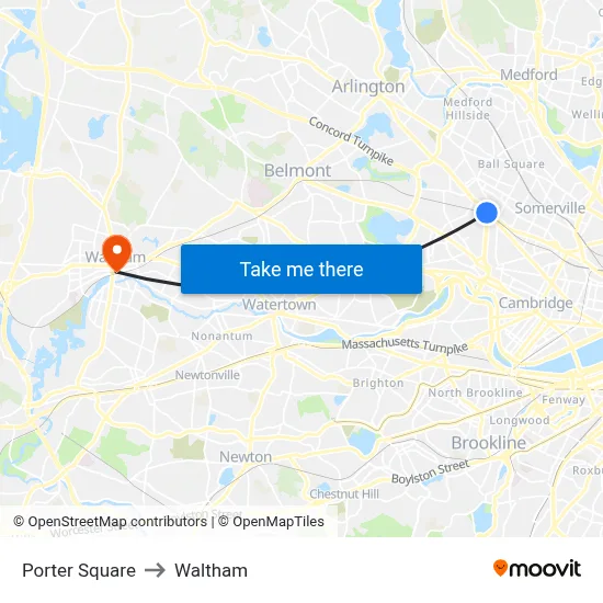 Porter Square to Waltham map