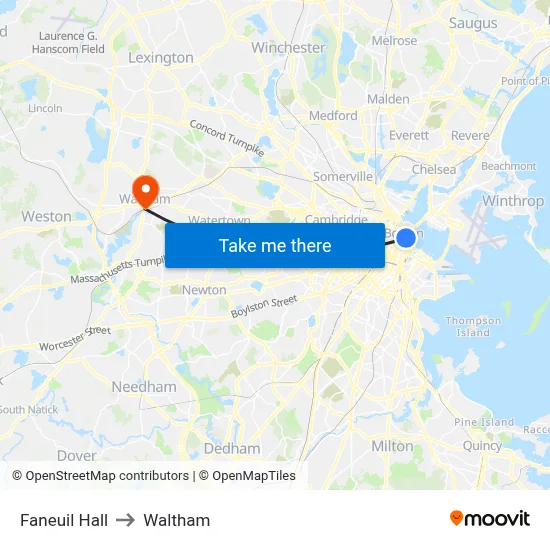 Faneuil Hall to Waltham map