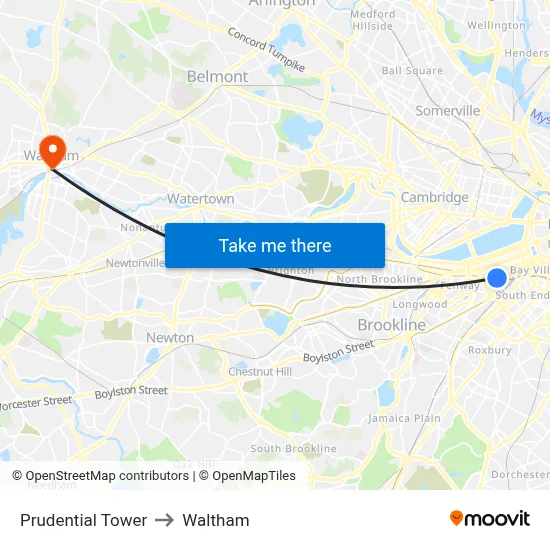 Prudential Tower to Waltham map