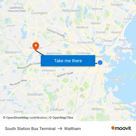 South Station Bus Terminal to Waltham map