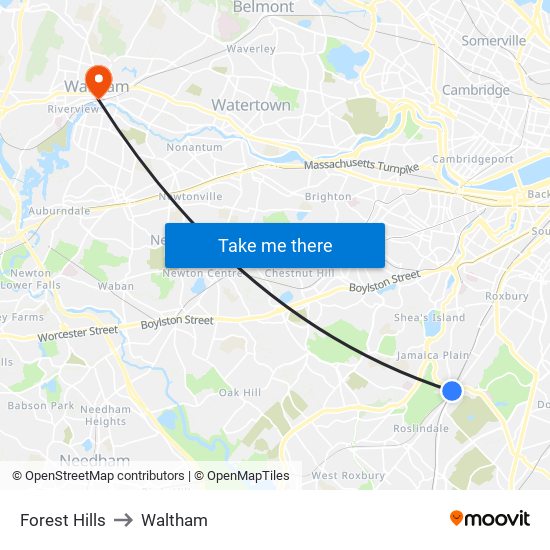 Forest Hills to Waltham map