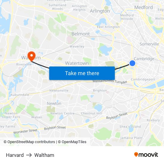 Harvard to Waltham map
