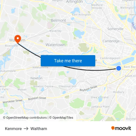 Kenmore to Waltham map