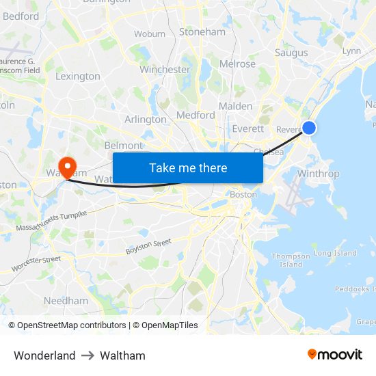 Wonderland to Waltham map